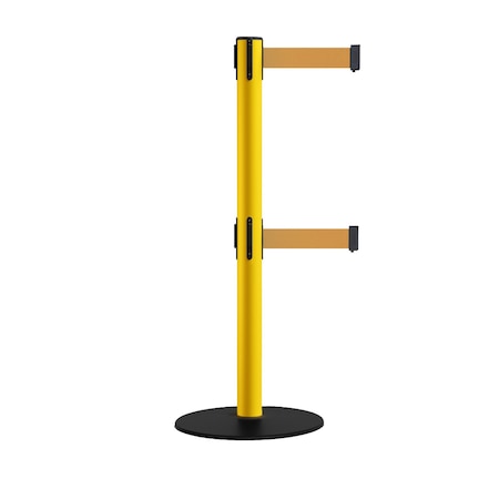 Montour Line Retractable Dbl Belt 2.5" YW Post , Low Base, 9' Brown Belt S400D-YW-BN-90